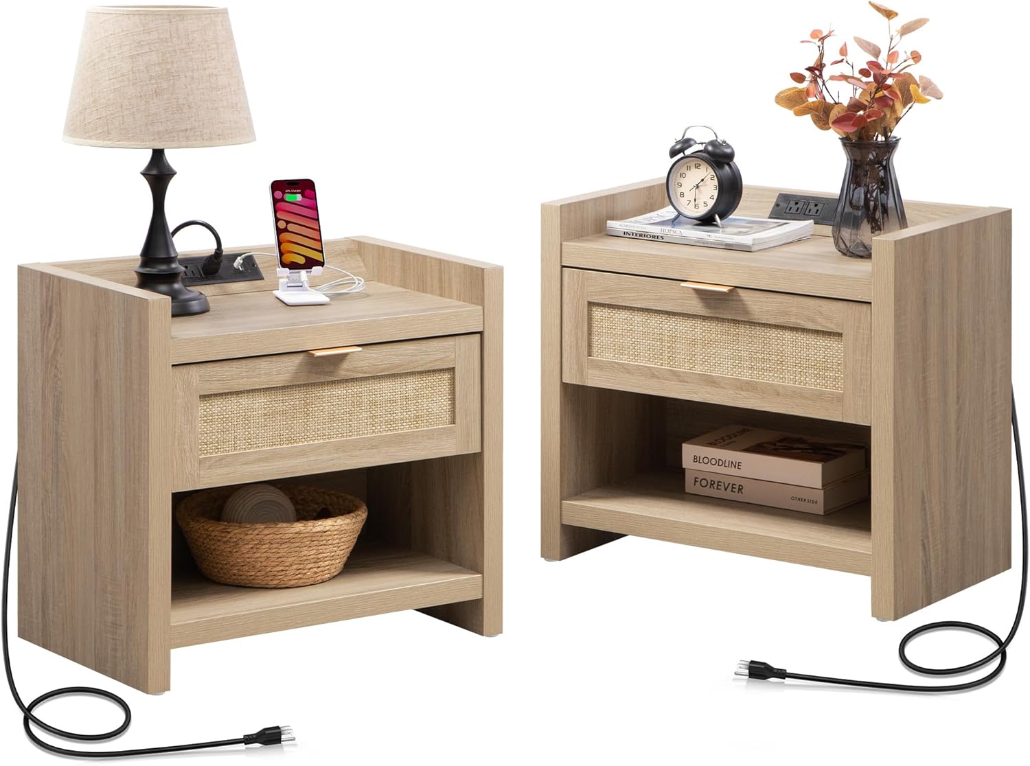 SICOTAS Rattan Nightstands Set of 2 with Charging Station