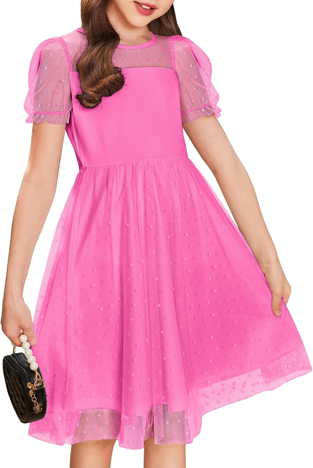 Arshiner Girls Dress Contrast Mesh Puffy Short Sleeve A Line