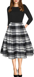 Women's Vintage Patchwork Puffy Swing Dress - Classic Pocketed Midi is