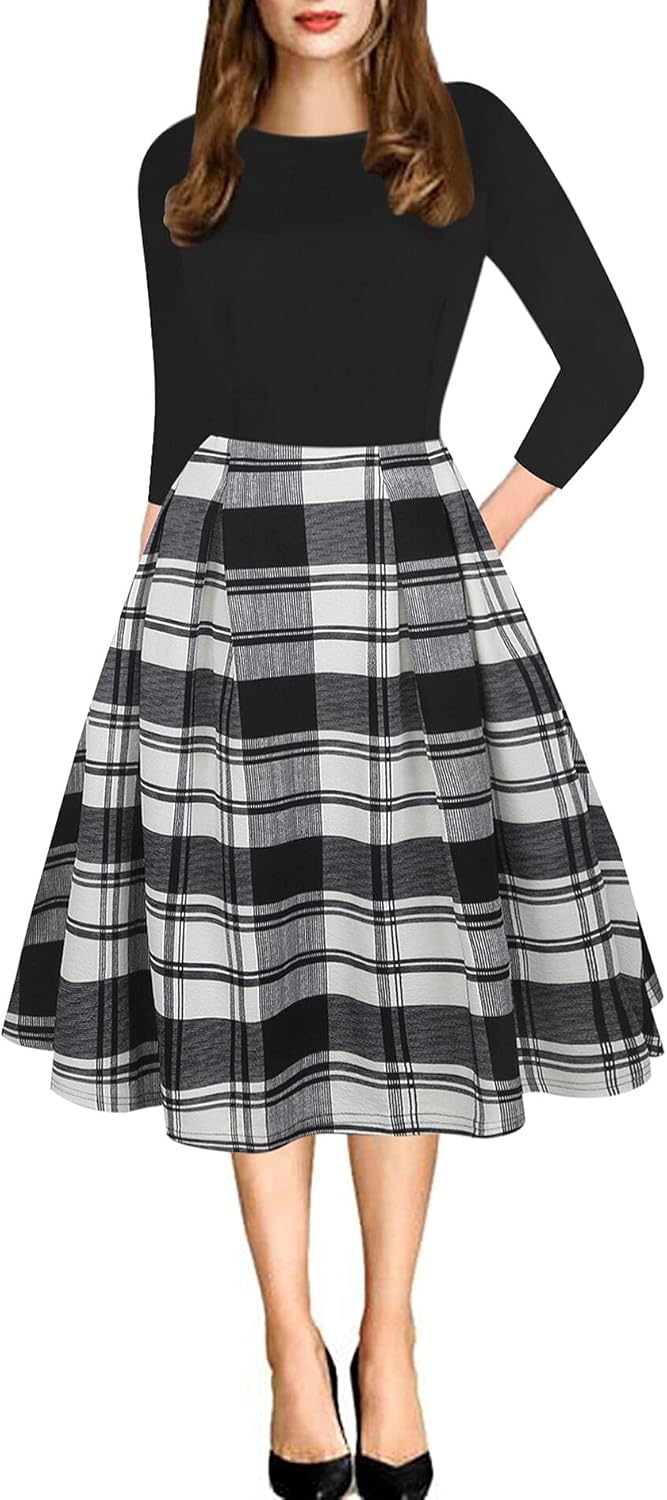 Oxiuly Women's Vintage Patchwork Pockets Casual Party Dress