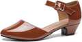 Women Brown Mary Janes Closed Toe Low Chunky Heel Pumps - Comfortable