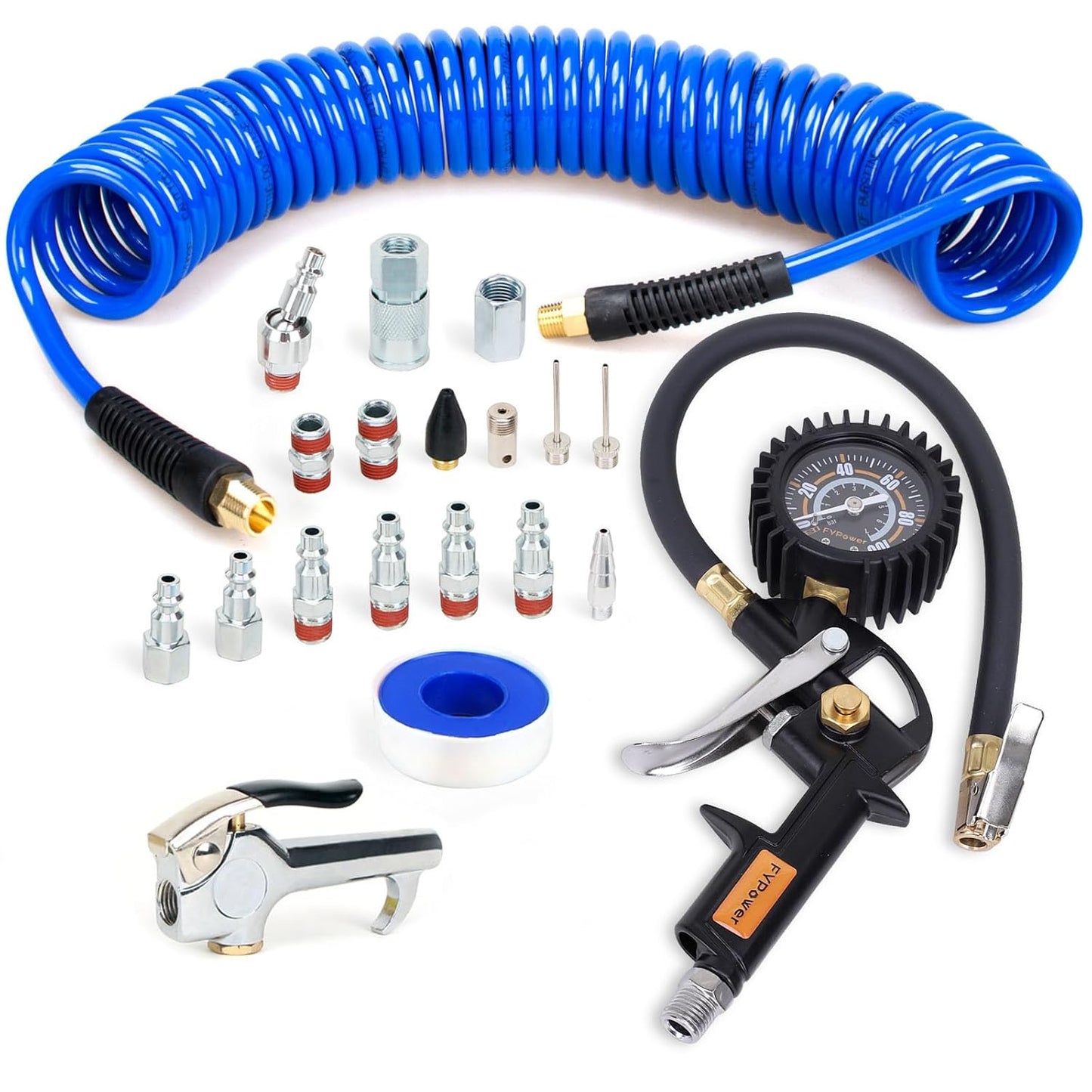 FYPower 20pc Air Compressor Kit - Quick Connect, Tire Inflator, Blow Gun, Swivel Plug