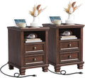 Farmhouse Nightstand Set of 2 with Charging Station for Bedroom