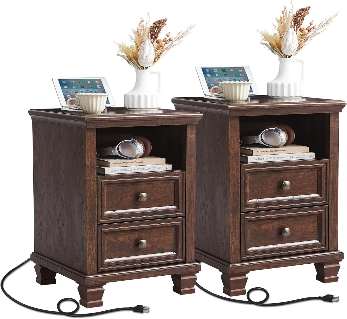 Farmhouse Nightstand Set of 2 with Charging Station for Bedroom
