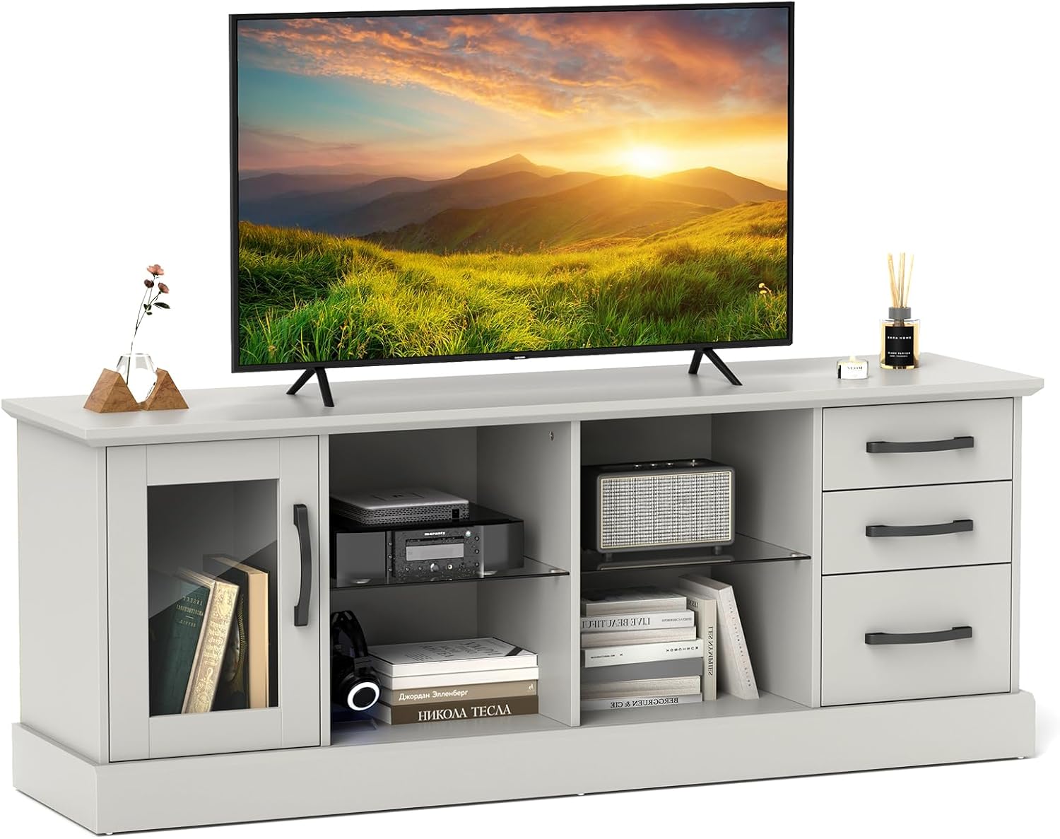 Modern Farmhouse TV Stand: 73 Inch, 3 Drawers, 2 Shelves, Cable Holes, Gray