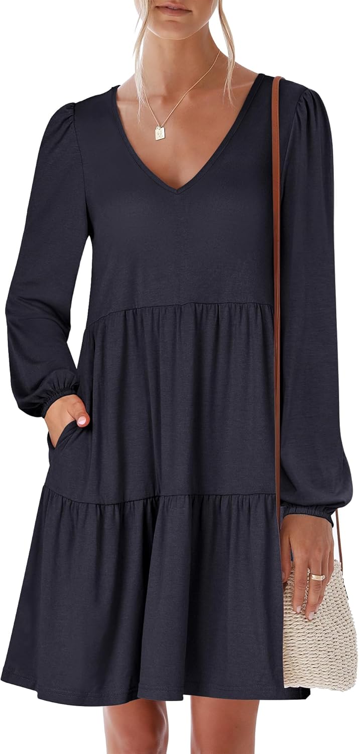 Womens Long Sleeve Dress for Fall Casual V Neck Tiered Style