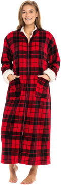 Long Zip Up Robe for Women Plus Size - Red Black Plaid Plush Zip
