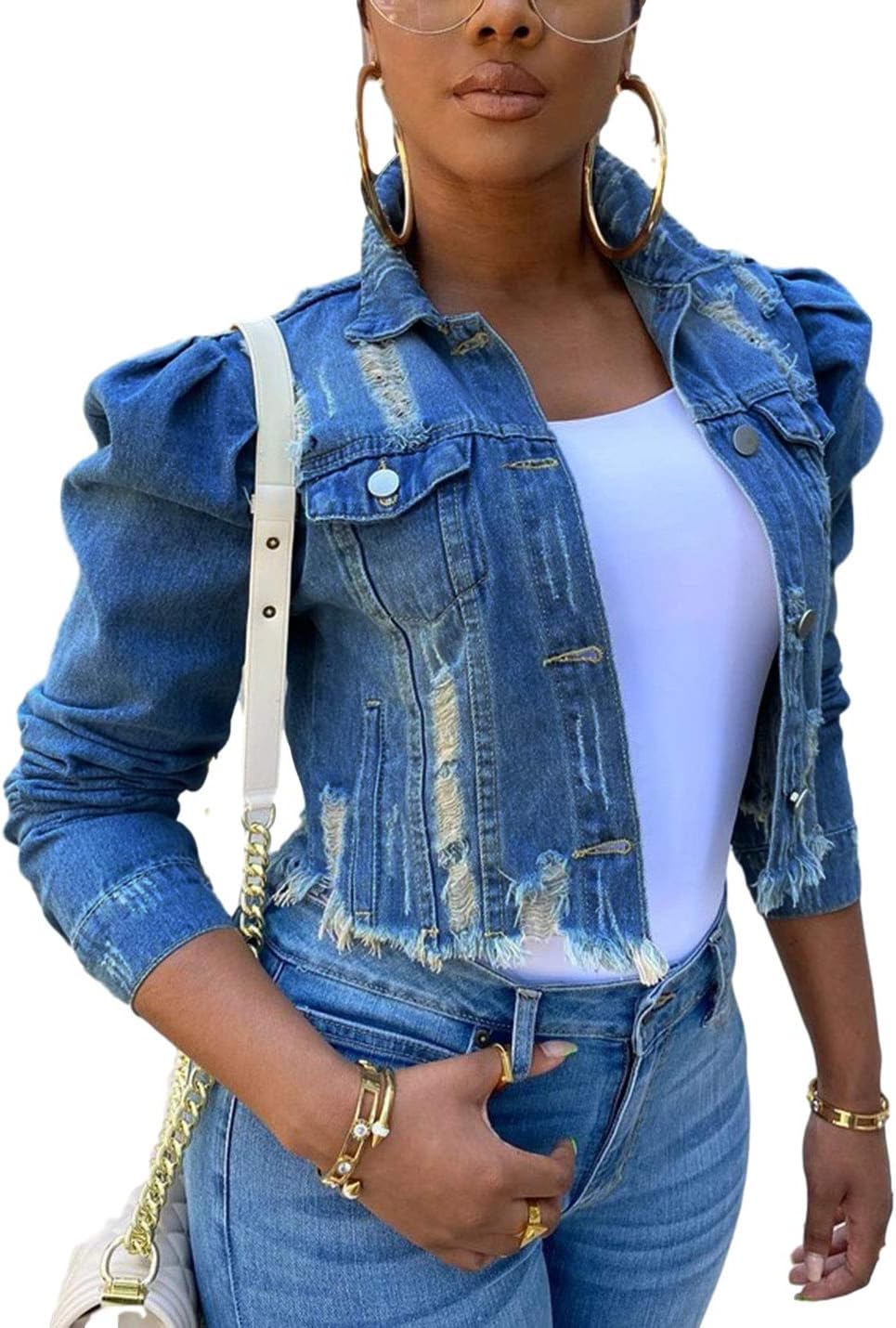 Omoone Women's Ripped Puff Sleeve Denim Crop Top for Style