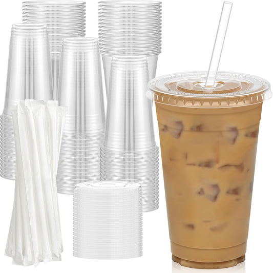 100 Pack 20 oz Clear Plastic Cups with Lids & Straws - Sturdy Disposable Cups for Cold Drinks