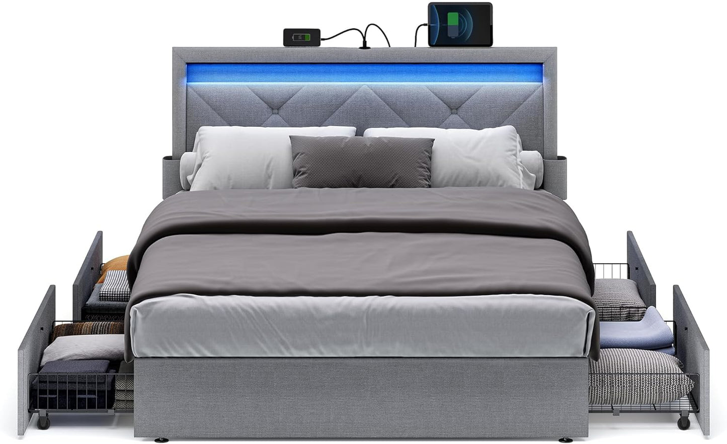 VASAGLE LED Bed Frame Full Size with Adjustable Headboard