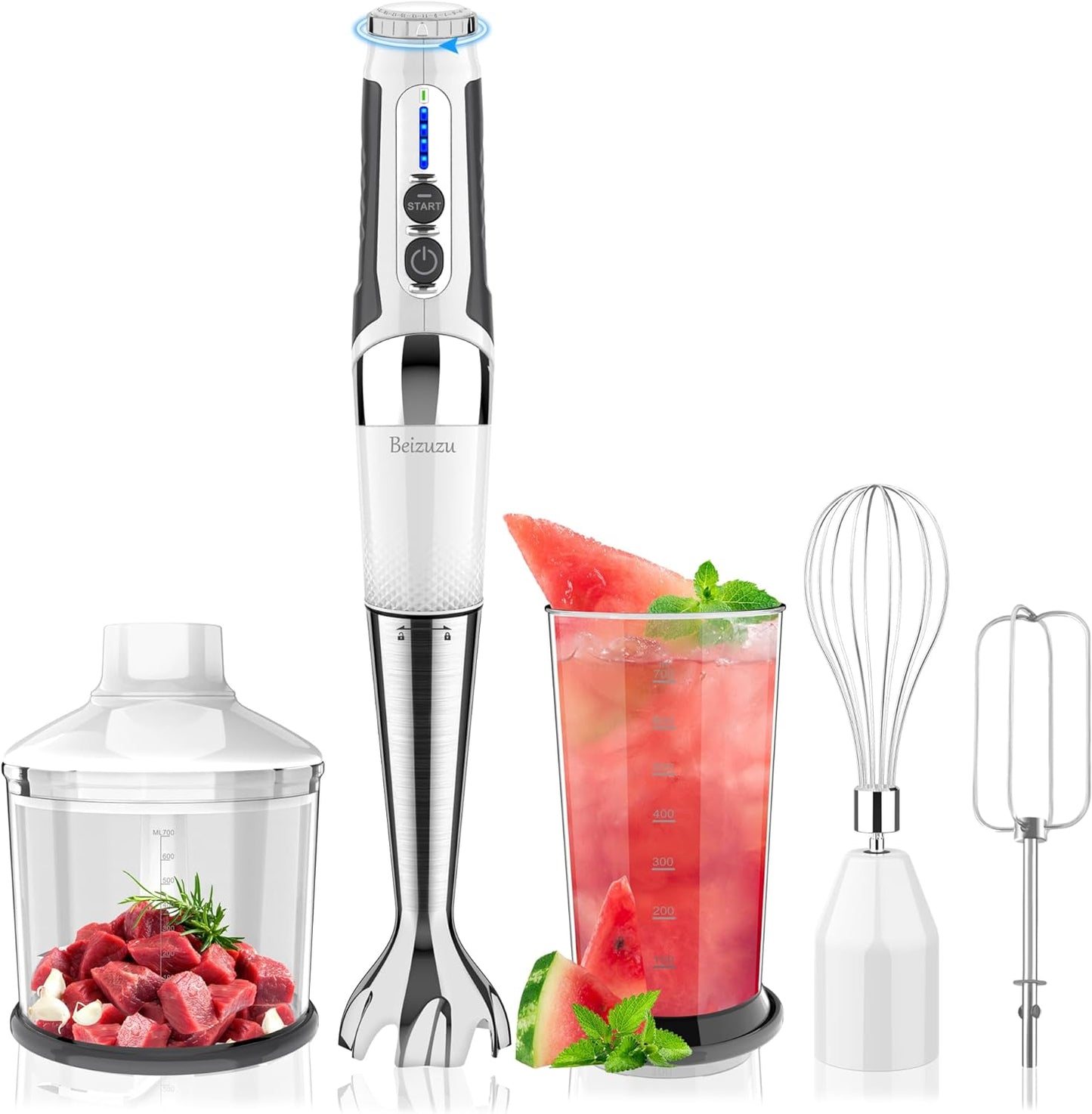Beizuzu Cordless Hand Blender: 4-in-1 Rechargeable, 21 Speeds, 3-Angle, All-in-1 Kitchen Gadget (White)