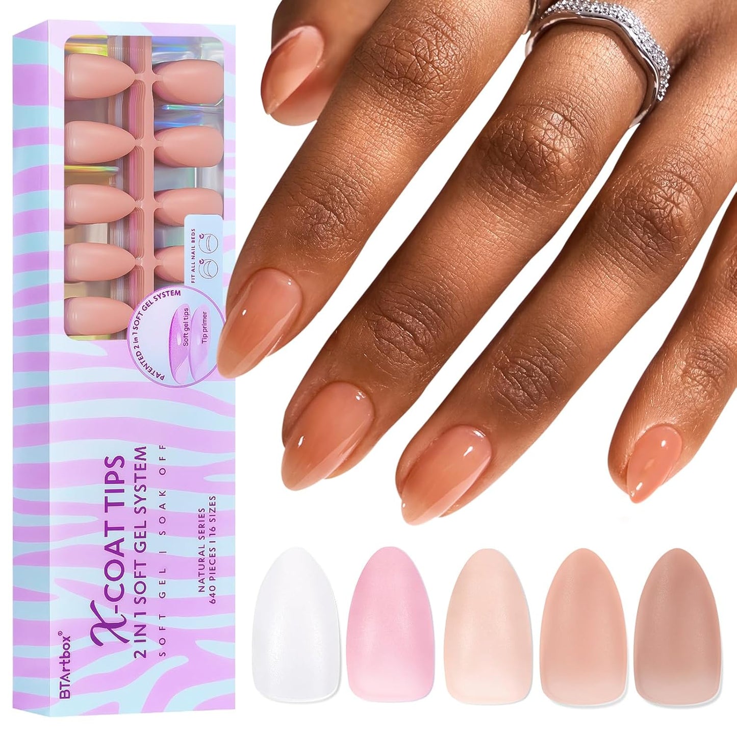 BTArtbox Short Almond Press on Nails - 640pcs Natural Tips