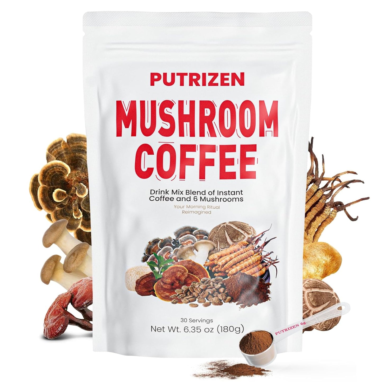 PUTRIZEN Mushroom Coffee with 6 Adaptogenic Mushrooms for Energy