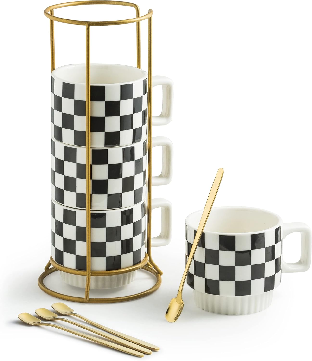 Checkered Black & White Coffee Mug Set for Easy Storage - Miamolo