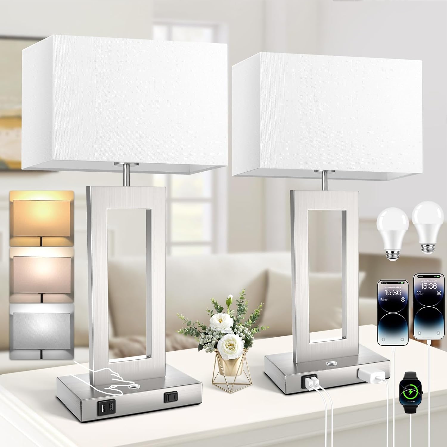 22 Touch Control Table Lamps Set of 2 with USB Ports & AC Outlet
