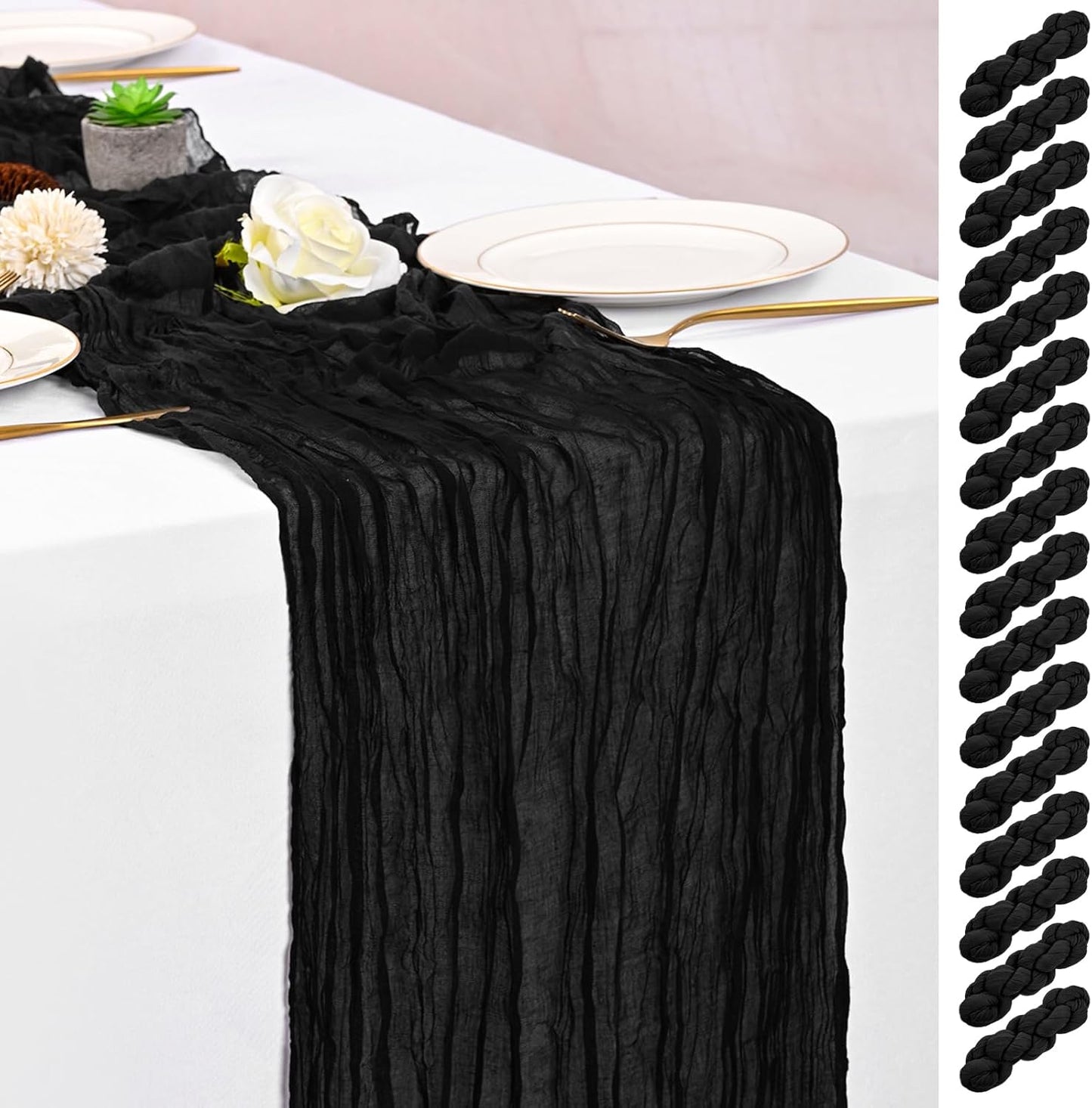 16 Pack Black Table Runner 10FT for Elegant Wedding Decor