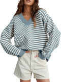 Women Striped Checkered V Neck Sweater - Casual Fall Knit