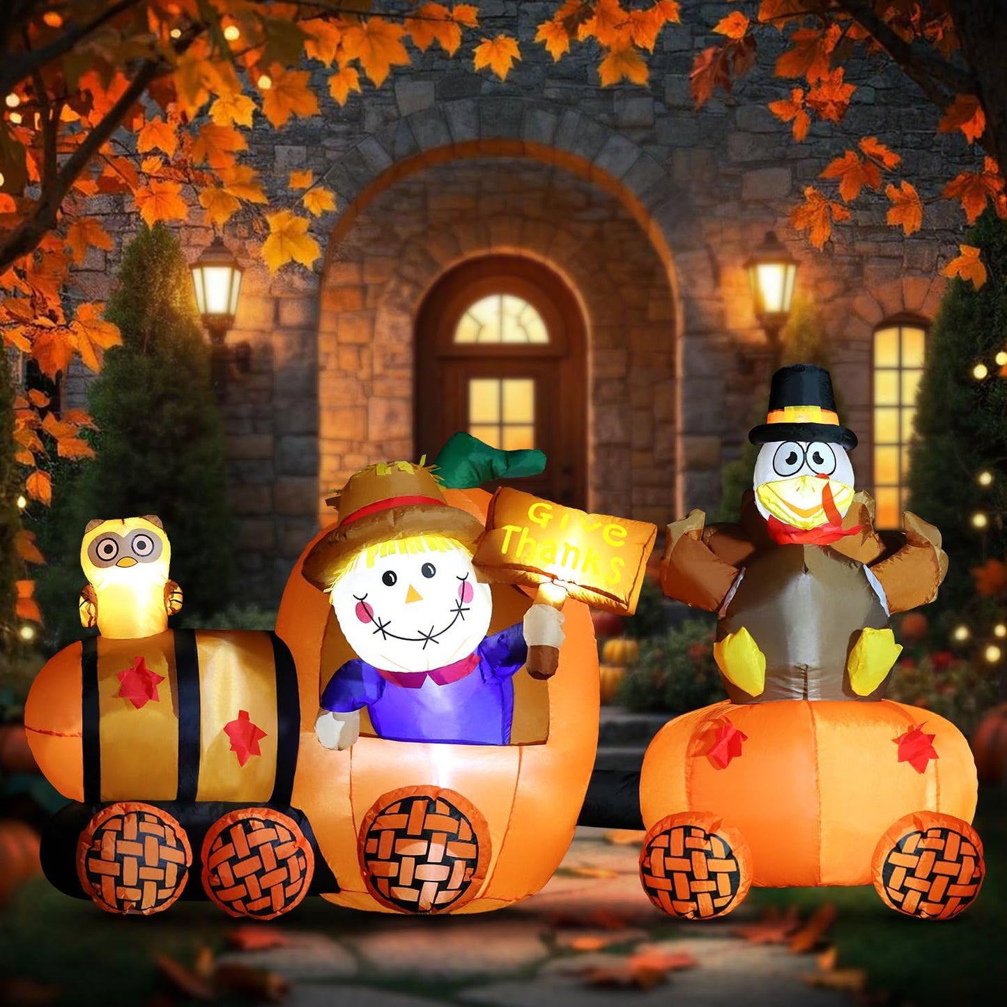 6FT Lighted Inflatable Scarecrow Pumpkin Train for Holidays