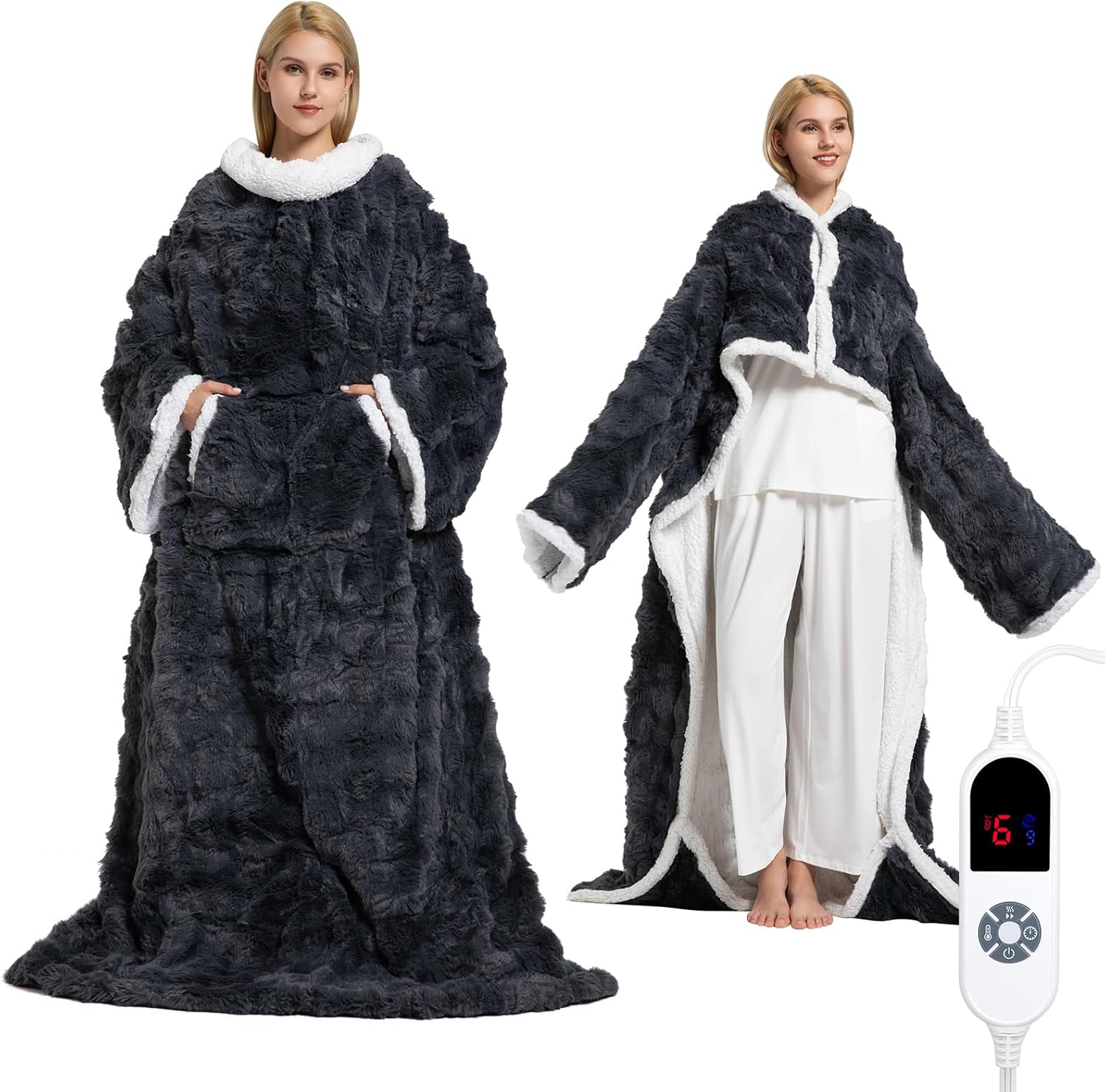 Wearable Heated Blanket with Faux Fur & Sherpa for Cozy Warmth