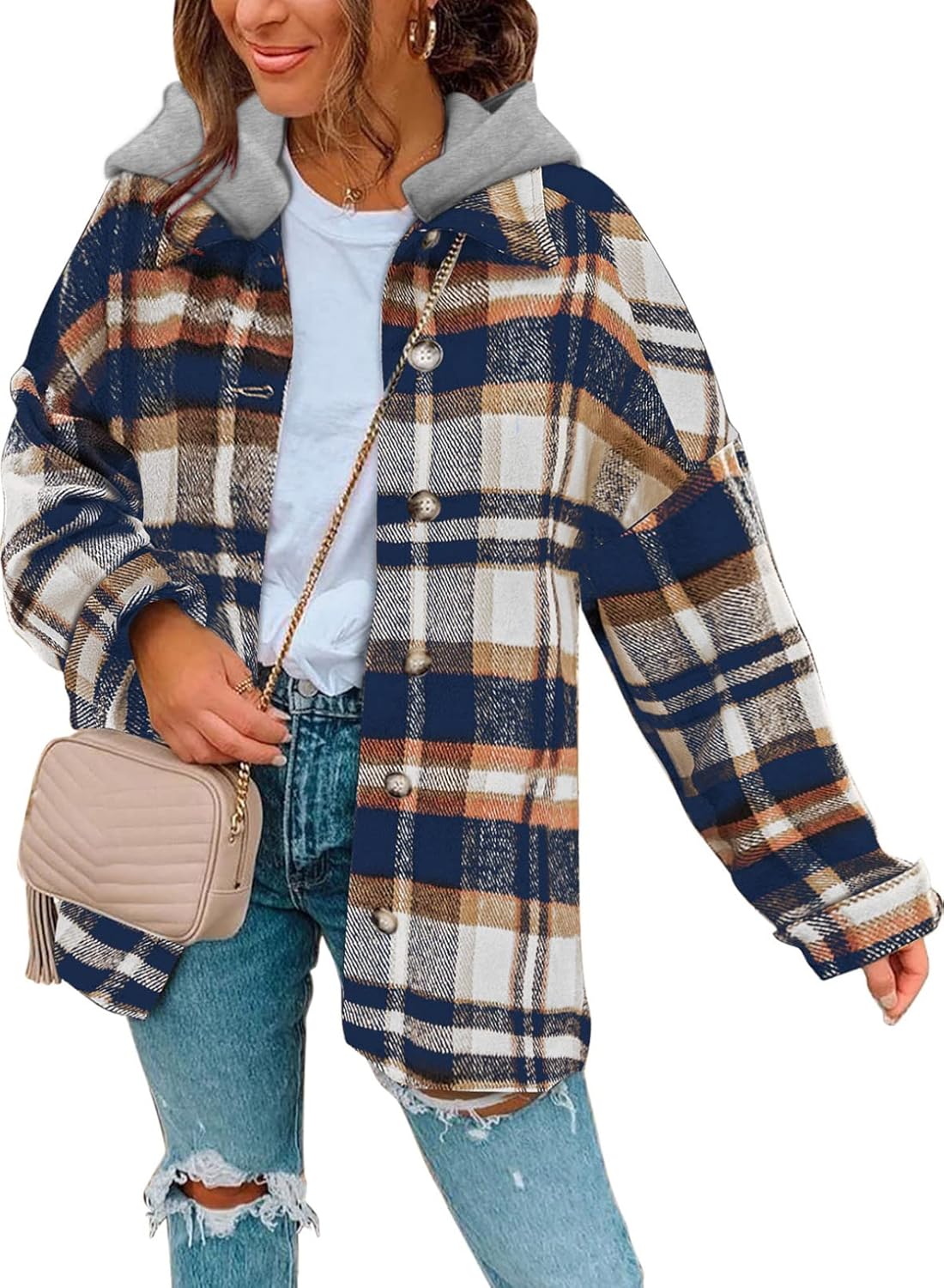 Hooded Flannel Plaid Shacket Jacket for Stylish Women