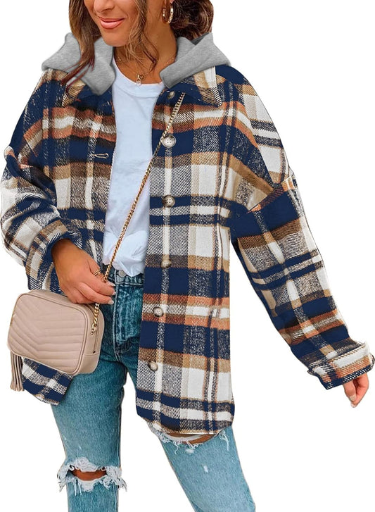 Hooded Flannel Plaid Shacket Jacket for Stylish Women