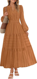 Fall Cotton Midi Maxi Dress V Neck Tiered Pockets - Versatile Wear