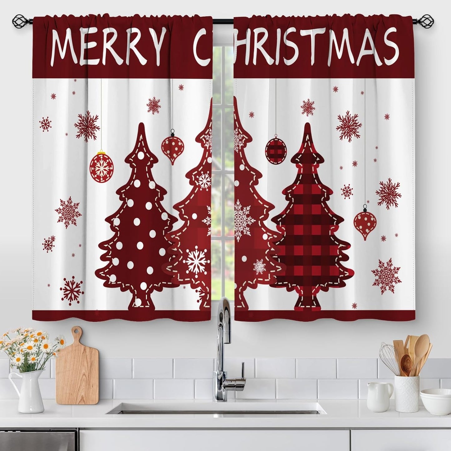 Aimego Christmas Tree Kitchen Curtains - Festive Winter Holiday Decor for Small Windows!