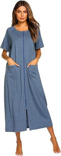 Women Zipper Front Short Sleeve Housecoat with Pockets - Long