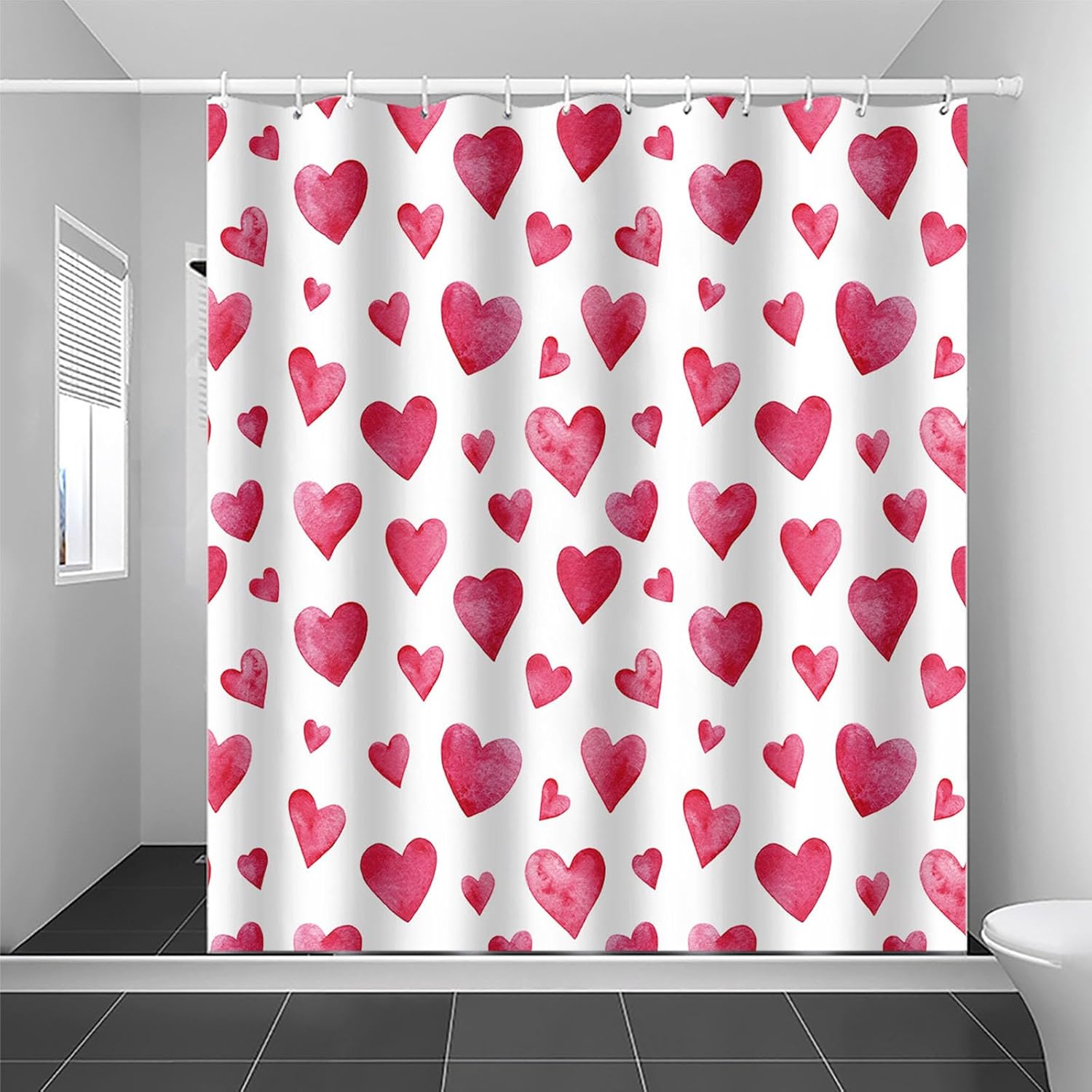 Watercolor Red Hearts Valentine Shower Curtain