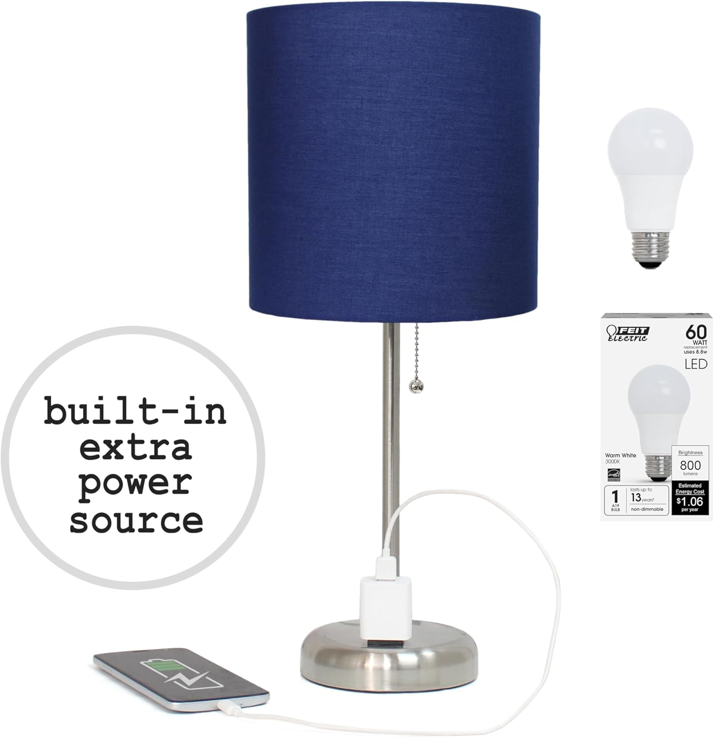 Brushed Steel Stick Table Desk Lamp with Charging Outlet Feature