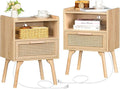 Rattan Nightstands Set of 2 with Charging Station (Natural)