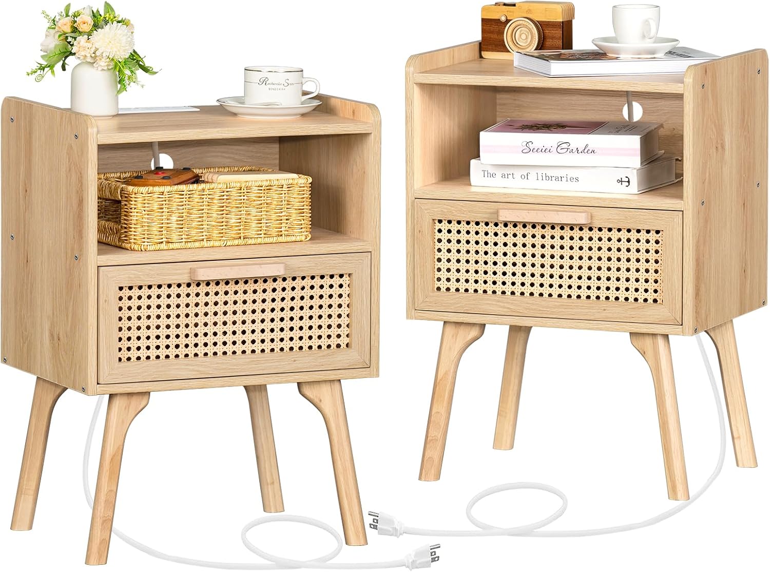 Rattan Nightstands Set of 2 with Charging Station for Bedroom