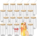 20 Pack Glass Cups with Bamboo Lids and Straws - 16oz Can-Shaped