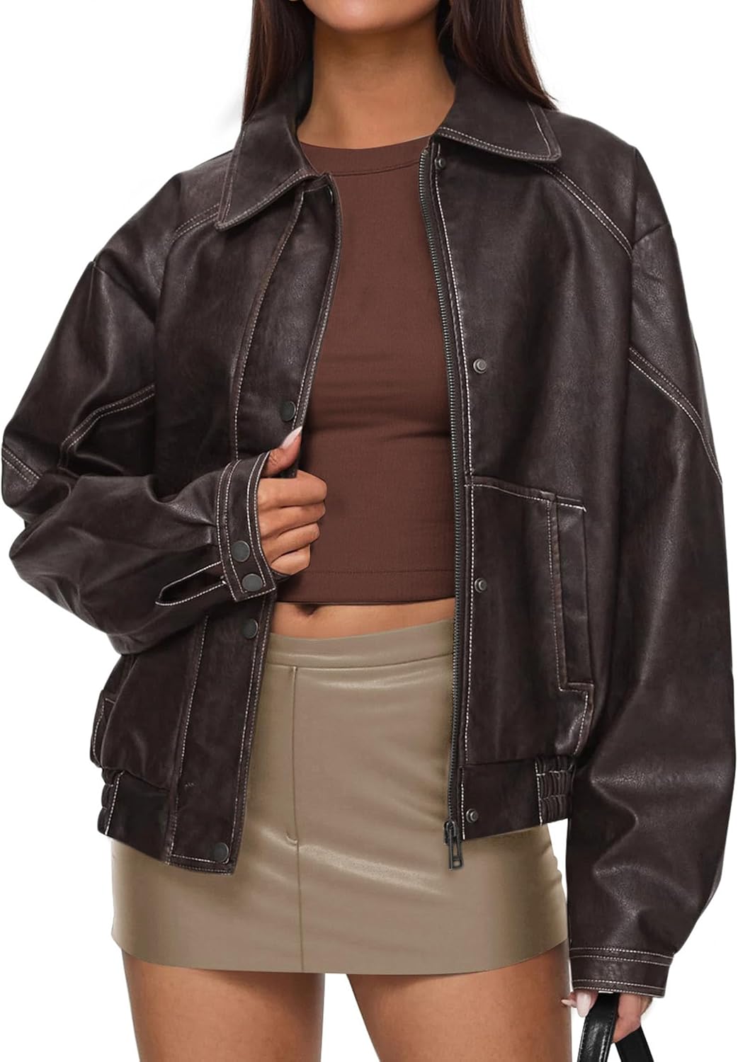 Faux Leather Jacket Women Bomber Motorcycle Zip Up Stylish Coats
