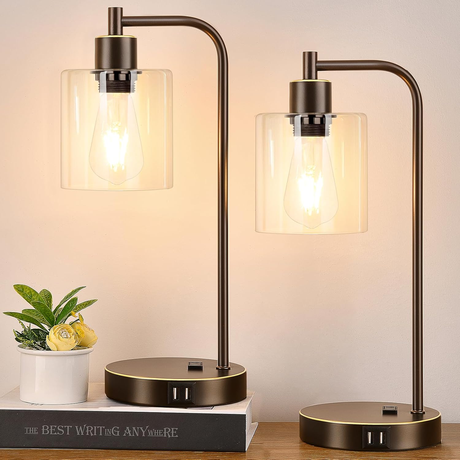 Industrial Touch Table Lamps Set of 2 with USB Ports & AC Outlet