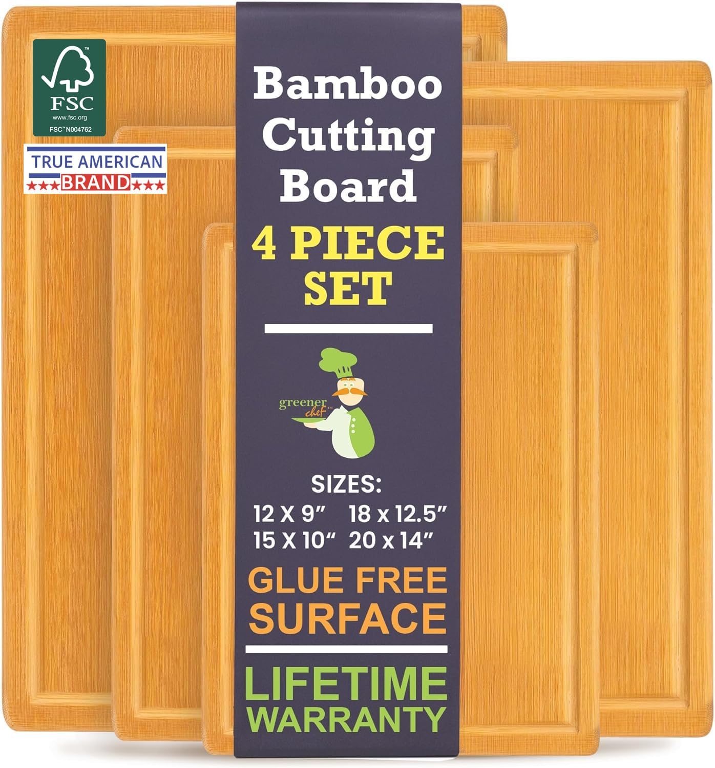 Glue-Free Surface Bamboo Cutting Board Set of 4 for Meal Prep