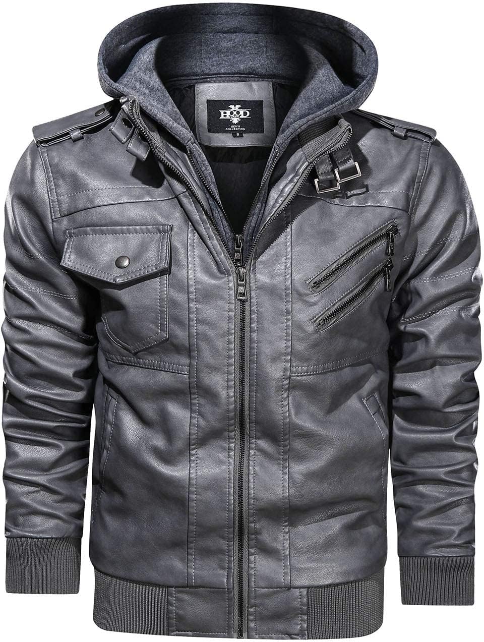 HOOD CREW Mens Casual Stand Collar Faux Leather Motorcycle Jacket