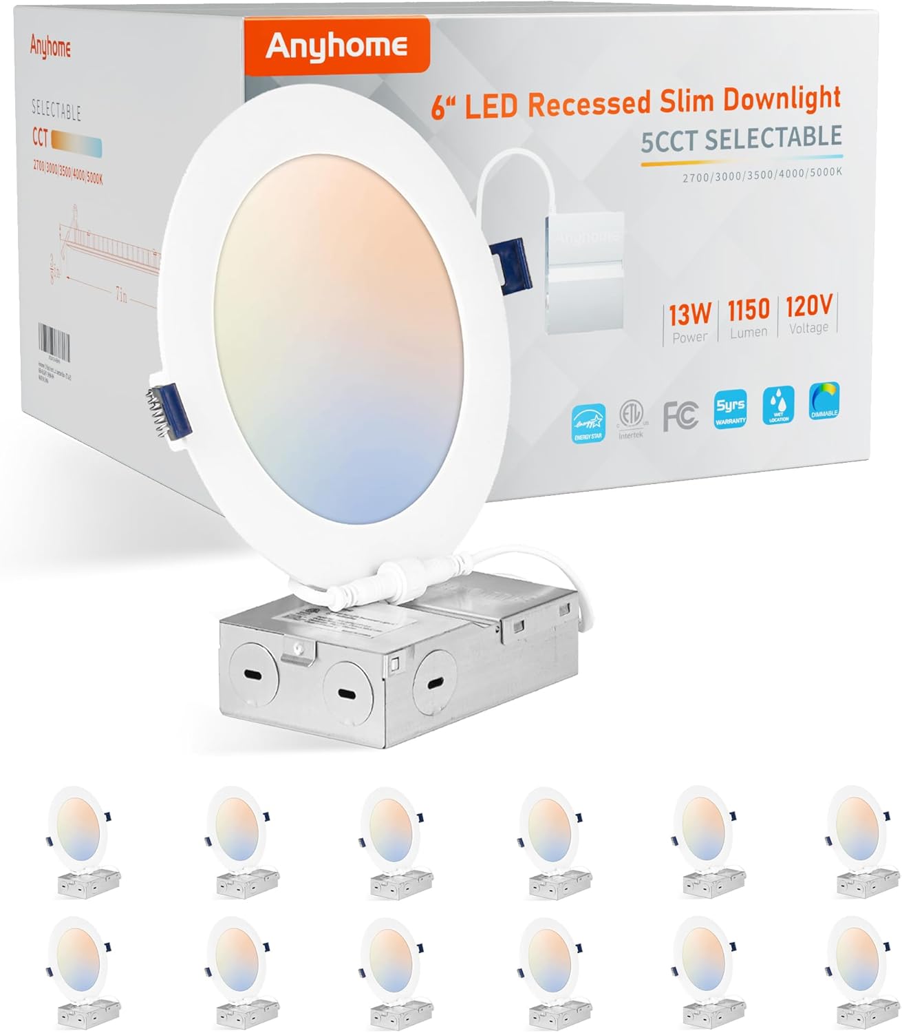 12 Pack 6 Inch LED Recessed Lighting for Anyhome - Dimmable