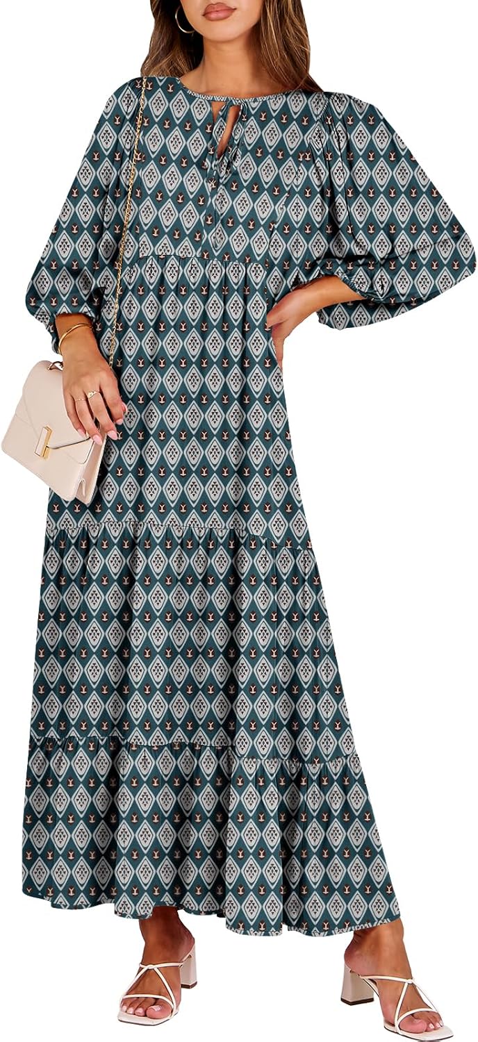 Boho Maxi Dresses for Women - Floral V Neck Puff Sleeve Style