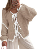 Tie Front Bow Cardigan Sweater - Chunky Knit Puff Sleeve Jacket 8-10