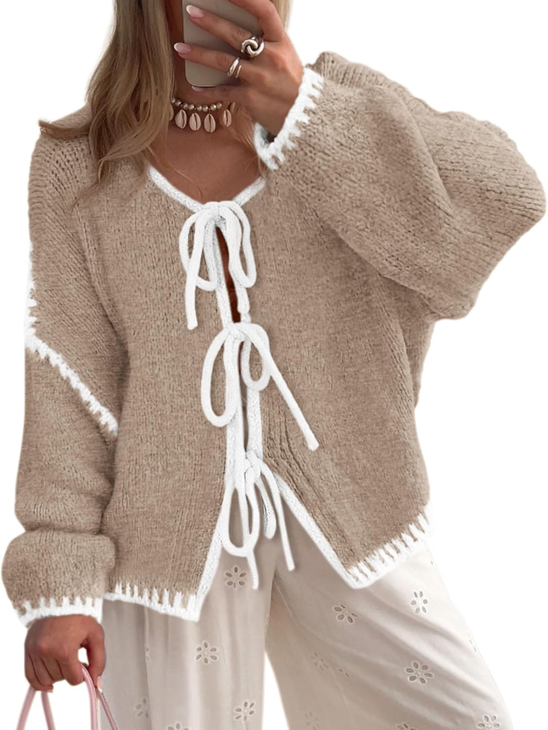 PRETTYGARDEN Women's Tie Front Bow Cardigan Sweaters for Fall