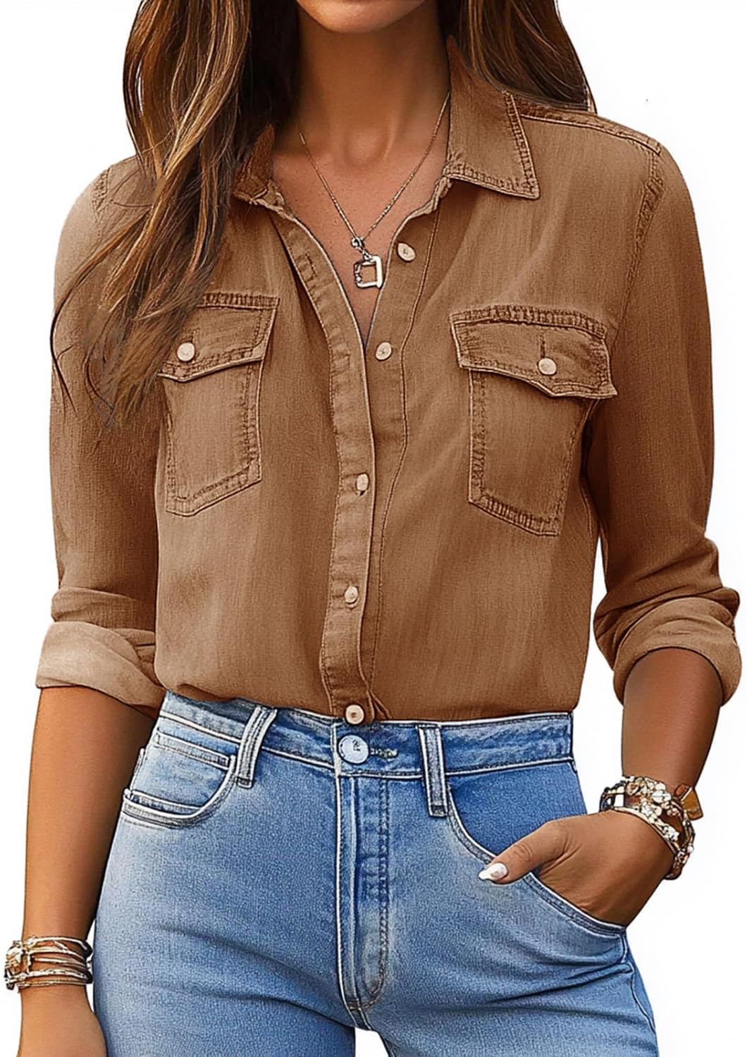 Glozeplus Denim Shirt Women Chambray Long Sleeve Tops