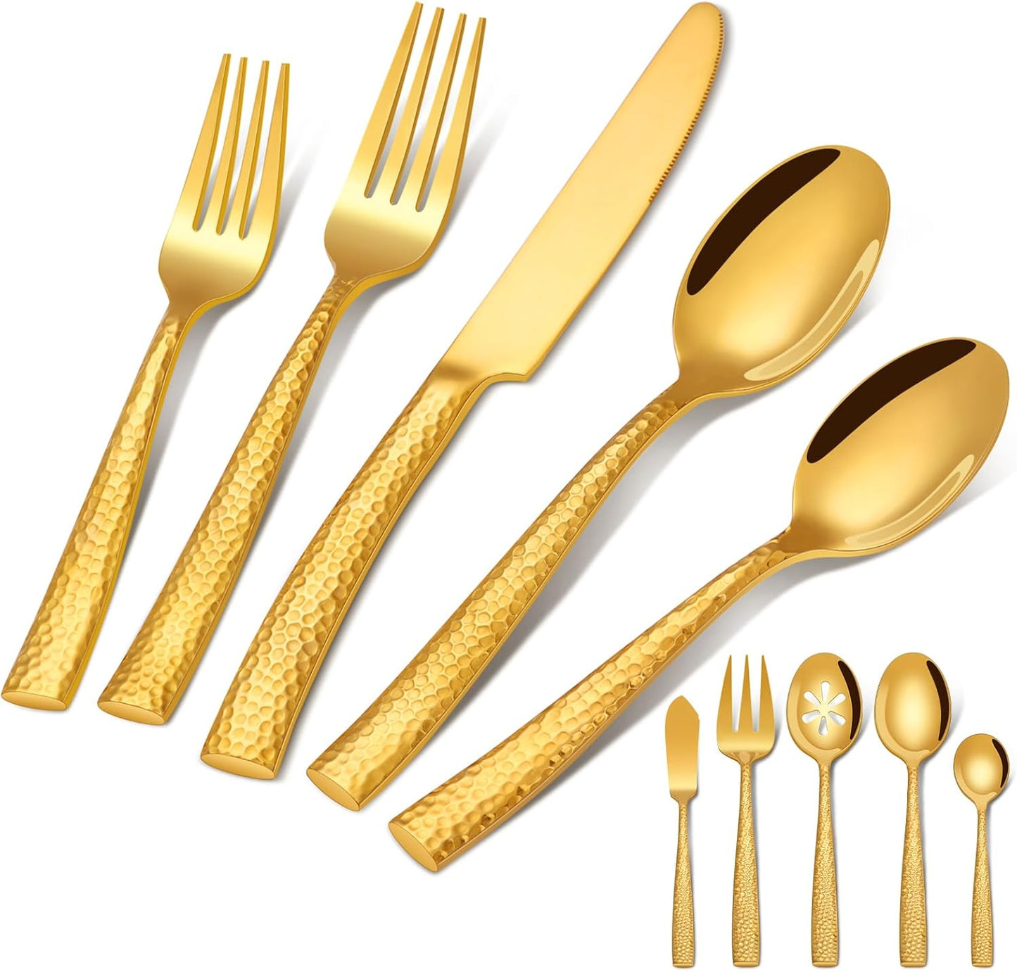 45-Piece Hammered Silverware Set for 8 - Durable Gold Flatware