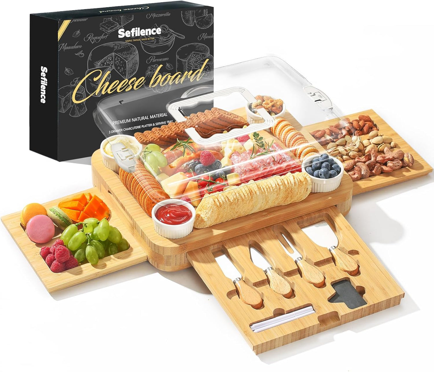 Bamboo Charcuterie Board with Lid and Handle for Parties