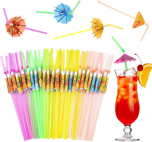 180 Bendy Cocktail Straws - Hawaiian Luau Decor - Assorted Colors