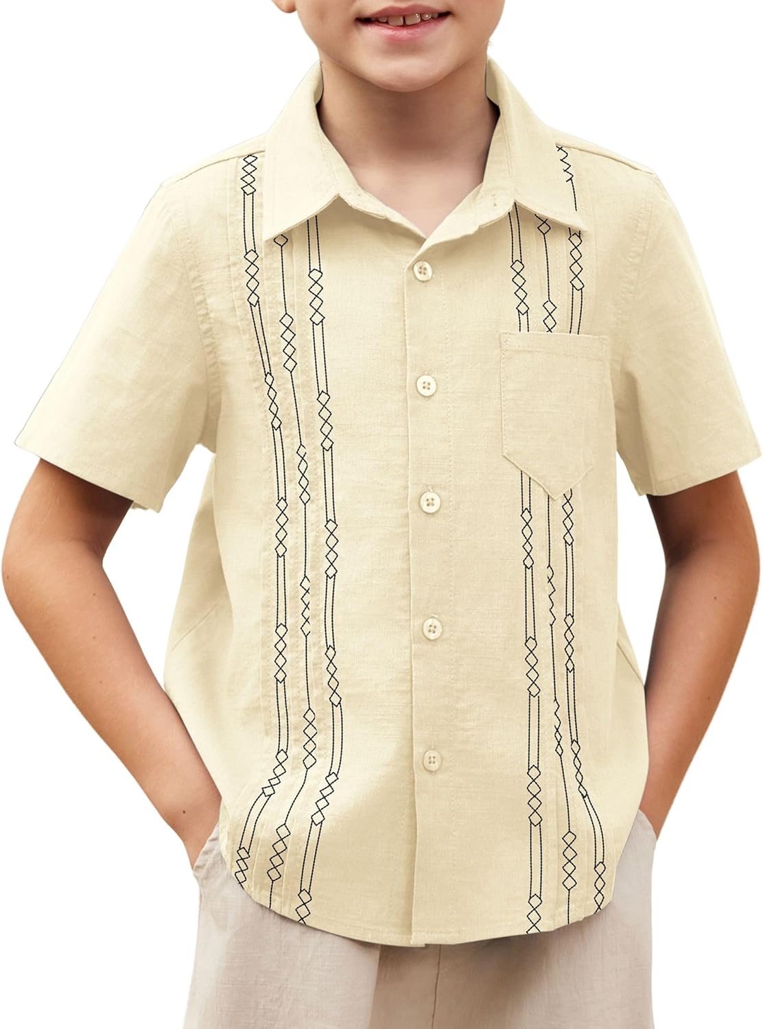 Boys Guayabera Shirt Short Sleeve Cotton Linen Summer Tops