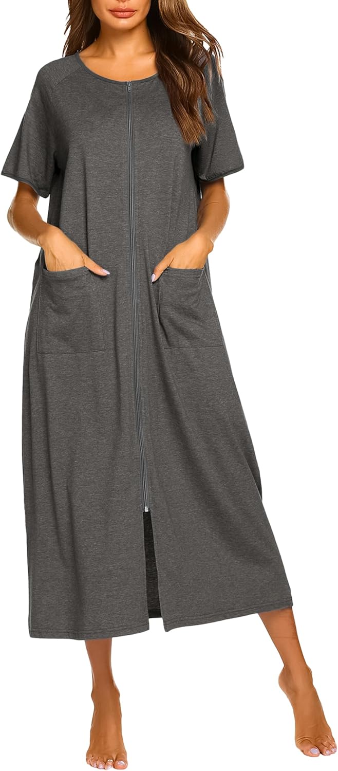 Ekouaer Women Robes Zipper Front Short Sleeve Full Length Housecoat