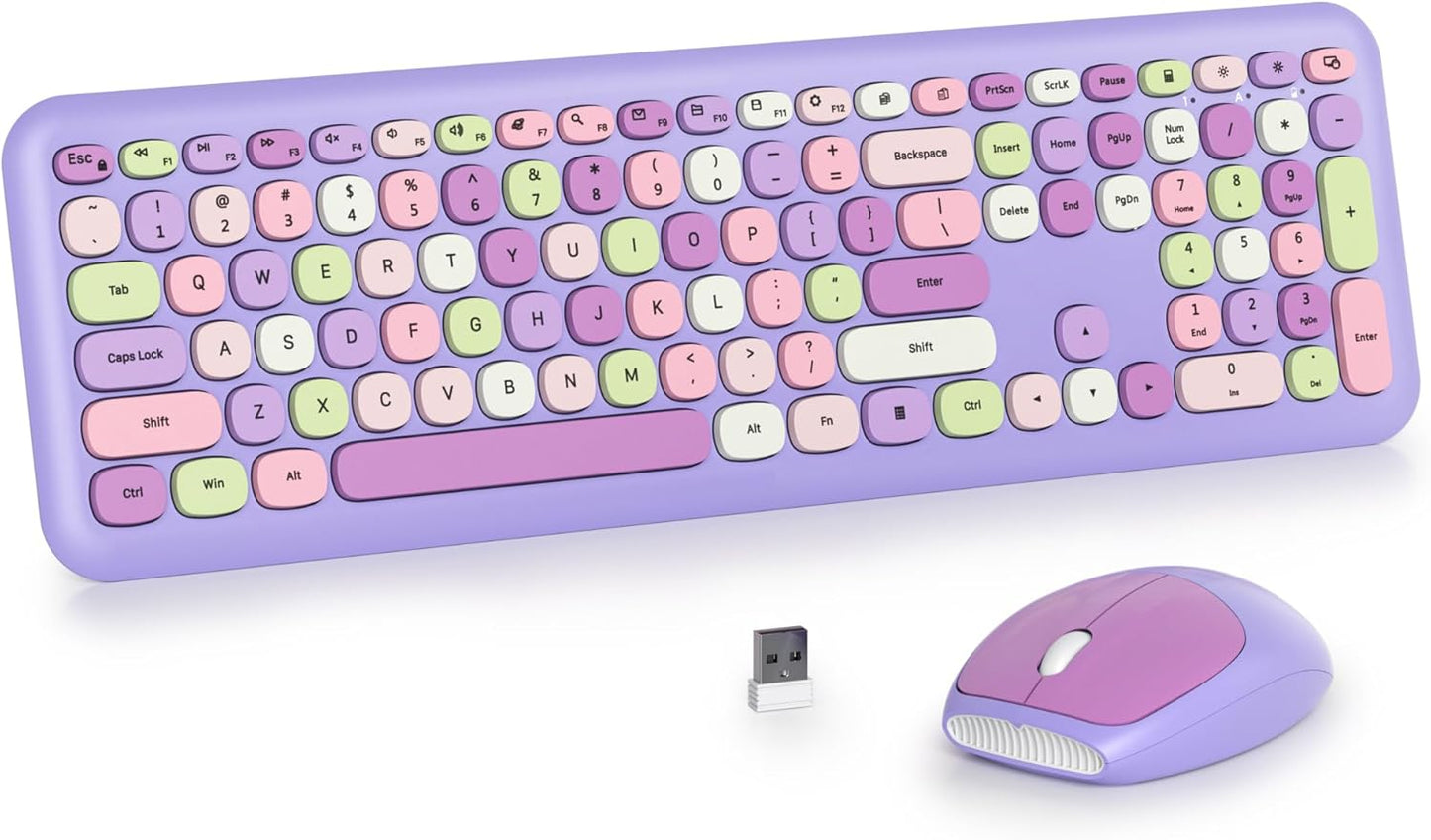 Surmen Cute Purple Wireless Keyboard and Mouse Combo for Quiet Use