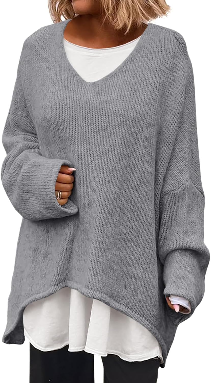 Oversized V Neck Sweaters for Women - Cozy Fall Knit Pullover