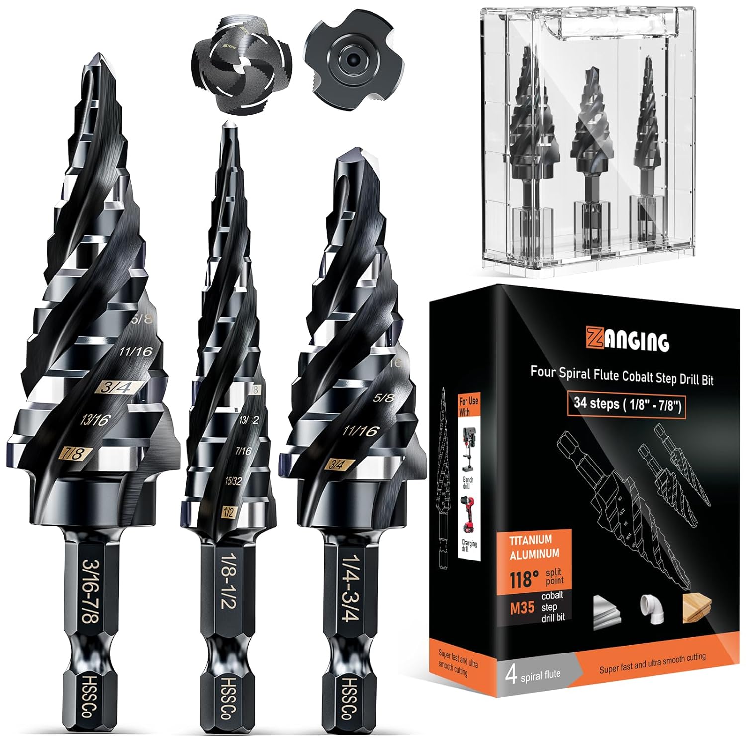 Four Spiral Flute Step Drill Bit Set for Metal and More